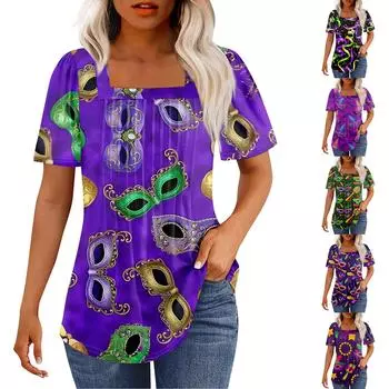 Футболки для женщин, плиссированные, с квадратным вырезом, нарядные, повседневные, блузки с принтом, с коротким рукавом, летние топы свободного кроя M зелёный