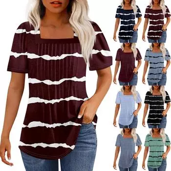 Футболки для женщин, плиссированные, с квадратным вырезом, нарядные, повседневные, блузки с принтом, с коротким рукавом, летние топы свободного кроя S
