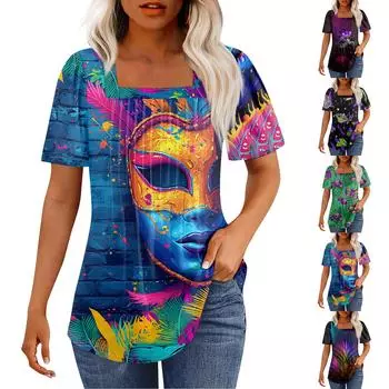Футболки для женщин, плиссированные, с квадратным вырезом, нарядные, повседневные, блузки с принтом, с коротким рукавом, летние топы свободного кроя M синий