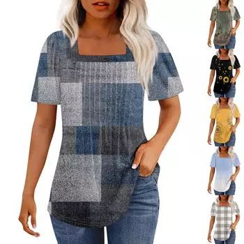 Футболки для женщин, плиссированные, с квадратным вырезом, нарядные, повседневные, блузки с принтом, с коротким рукавом, летние топы свободного кроя L армия зеленый