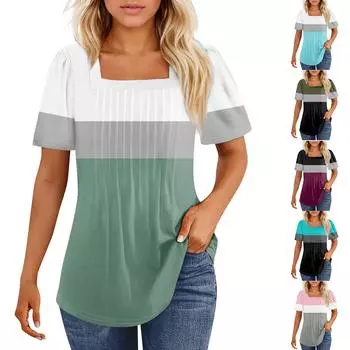 Футболки для женщин, плиссированные, с квадратным вырезом, нарядные, повседневные, блузки с принтом, с коротким рукавом, летние топы свободного кроя S