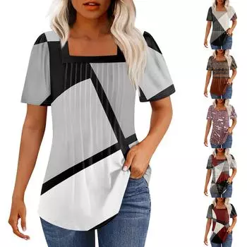 Футболки для женщин, плиссированные, с квадратным вырезом, нарядные, повседневные, блузки с принтом, с коротким рукавом, летние топы свободного кроя L кофейный