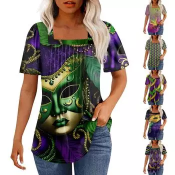 Футболки для женщин, плиссированные, с квадратным вырезом, нарядные, повседневные, блузки с принтом, с коротким рукавом, летние топы свободного кроя M
