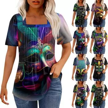 Футболки для женщин, плиссированные, с квадратным вырезом, нарядные, повседневные, блузки с принтом, с коротким рукавом, летние топы свободного кроя M