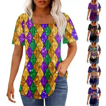 Футболки для женщин, плиссированные, с квадратным вырезом, нарядные, повседневные, блузки с принтом, с коротким рукавом, летние топы свободного кроя L зелёный