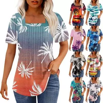 Футболки для женщин, плиссированные, с квадратным вырезом, нарядные, повседневные, блузки с принтом, с коротким рукавом, летние топы свободного кроя L чёрный