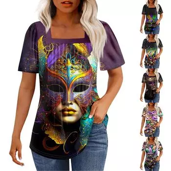 Футболки для женщин, плиссированные, с квадратным вырезом, нарядные, повседневные, блузки с принтом, с коротким рукавом, летние топы свободного кроя L чёрный