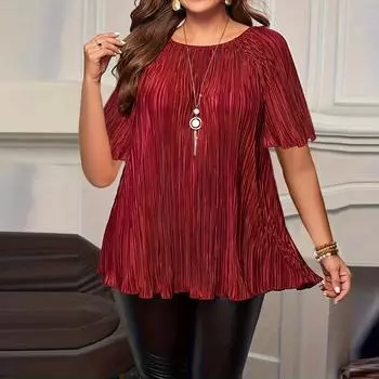 Футболки для женщин, плиссированные, с R-образным вырезом, нарядные, повседневные, блузки с принтом, короткие рукава, летние топы, свободный крой XXL винный