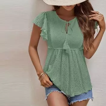 Футболки для женщин, плиссированные, с R-образным вырезом, нарядные, повседневные, блузки с принтом, короткие рукава, летние топы, свободный крой M зелёный