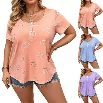 Футболки для женщин, плиссированные, с R-образным вырезом, нарядные, повседневные, блузки с принтом, короткие рукава, летние топы, свободный крой L синий