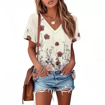 Футболки для женщин, плиссированные, с V-образным вырезом, нарядные, повседневные блузки с принтом, короткие рукава, летние топы, свободный крой L бежевый