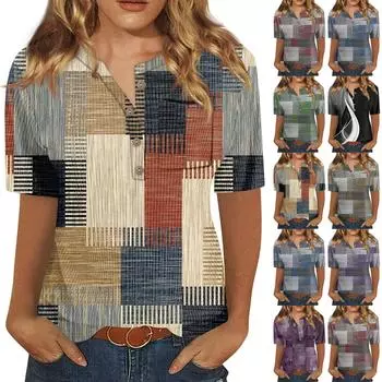 Футболки для женщин, плиссированные, с V-образным вырезом, нарядные, повседневные блузки с принтом, короткие рукава, летние топы, свободный крой L чёрный