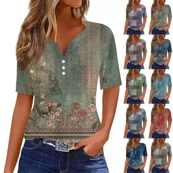 Футболки для женщин, плиссированные, с V-образным вырезом, нарядные, повседневные блузки с принтом, короткие рукава, летние топы, свободный крой L темно-синий