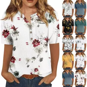 Футболки для женщин, плиссированные, с V-образным вырезом, нарядные, повседневные блузки с принтом, короткие рукава, летние топы, свободный крой L чёрный