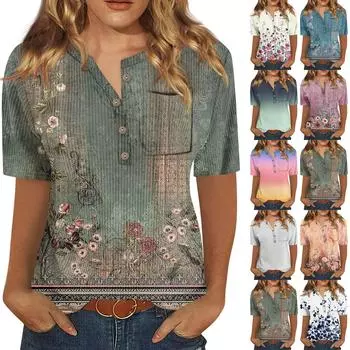 Футболки для женщин, плиссированные, с V-образным вырезом, нарядные, повседневные блузки с принтом, короткие рукава, летние топы, свободный крой L армия зеленый