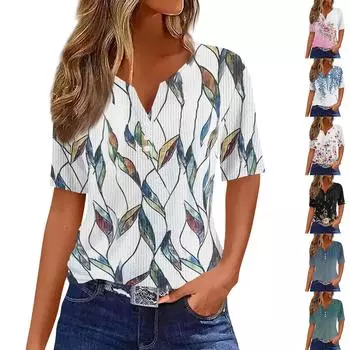 Футболки для женщин, плиссированные, с V-образным вырезом, нарядные, повседневные блузки с принтом, короткие рукава, летние топы, свободный крой L зелёный