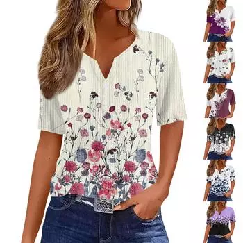 Футболки для женщин, плиссированные, с V-образным вырезом, нарядные, повседневные блузки с принтом, короткие рукава, летние топы, свободный крой L чёрный