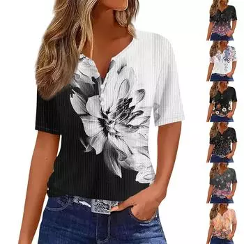 Футболки для женщин, плиссированные, с V-образным вырезом, нарядные, повседневные блузки с принтом, короткие рукава, летние топы, свободный крой L