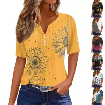 Футболки для женщин, плиссированные, с V-образным вырезом, нарядные, повседневные блузки с принтом, короткие рукава, летние топы, свободный крой L чёрный