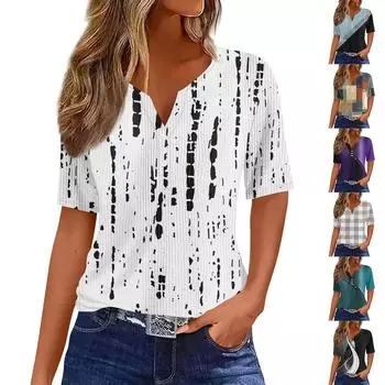 Футболки для женщин, плиссированные, с V-образным вырезом, нарядные, повседневные блузки с принтом, короткие рукава, летние топы, свободный крой L бежевый