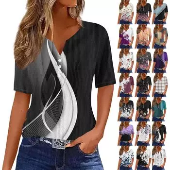 Футболки для женщин, плиссированные, с V-образным вырезом, нарядные, повседневные блузки с принтом, короткие рукава, летние топы, свободный крой M