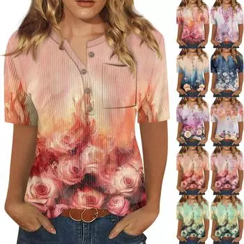 Футболки для женщин, плиссированные, с V-образным вырезом, нарядные, повседневные блузки с принтом, короткие рукава, летние топы, свободный крой L синий