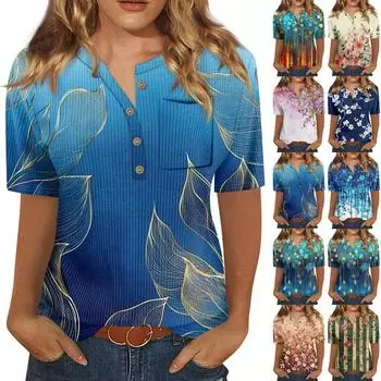 Футболки для женщин, плиссированные, с V-образным вырезом, нарядные, повседневные блузки с принтом, короткие рукава, летние топы, свободный крой L синий