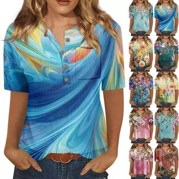 Футболки для женщин, плиссированные, с V-образным вырезом, нарядные, повседневные блузки с принтом, короткие рукава, летние топы, свободный крой XXXL