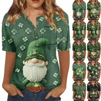 Футболки для женщин, плиссированные, с V-образным вырезом, нарядные, повседневные блузки с принтом, короткие рукава, летние топы, свободный крой M чёрный