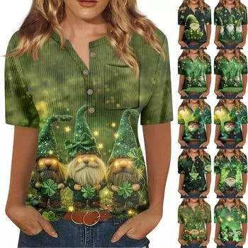 Футболки для женщин, плиссированные, с V-образным вырезом, нарядные, повседневные блузки с принтом, короткие рукава, летние топы, свободный крой XXL