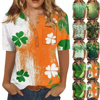 Футболки для женщин, плиссированные, с V-образным вырезом, нарядные, повседневные блузки с принтом, короткие рукава, летние топы, свободный крой XXL оранжевый