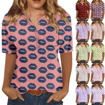 Футболки для женщин, плиссированные, с V-образным вырезом, нарядные, повседневные блузки с принтом, короткие рукава, летние топы, свободный крой S