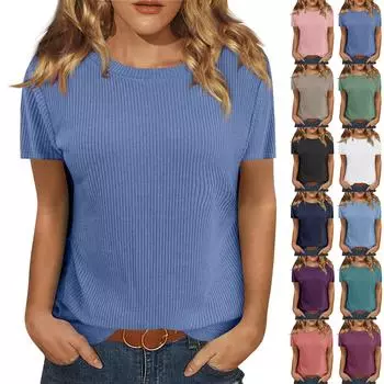 Футболки для женщин, плиссированные, с V-образным вырезом, нарядные, повседневные блузки с принтом, короткие рукава, летние топы, свободный крой L чёрный