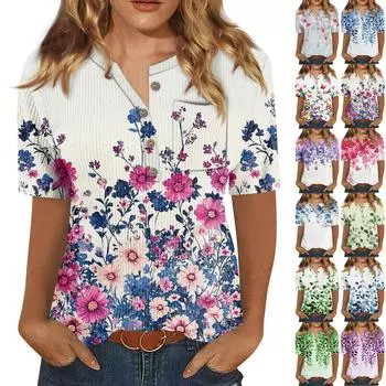 Футболки для женщин, плиссированные, с V-образным вырезом, нарядные, повседневные блузки с принтом, короткие рукава, летние топы, свободный крой XXL