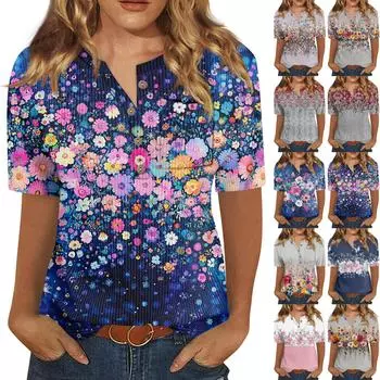 Футболки для женщин, плиссированные, с V-образным вырезом, нарядные, повседневные блузки с принтом, короткие рукава, летние топы, свободный крой XXL
