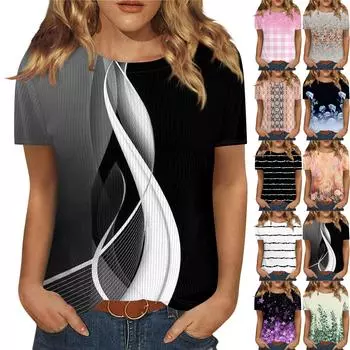 Футболки для женщин, плиссированные, с V-образным вырезом, нарядные, повседневные блузки с принтом, короткие рукава, летние топы, свободный крой L чёрный