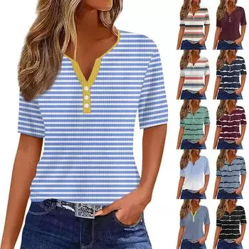 Футболки для женщин, плиссированные, с V-образным вырезом, нарядные, повседневные блузки с принтом, короткие рукава, летние топы, свободный крой L синий
