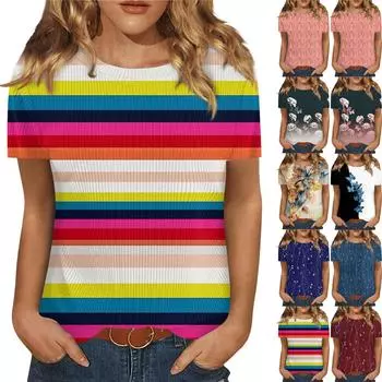 Футболки для женщин, плиссированные, с V-образным вырезом, нарядные, повседневные блузки с принтом, короткие рукава, летние топы, свободный крой L синий