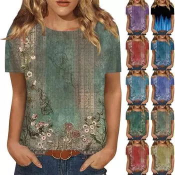 Футболки для женщин, плиссированные, с V-образным вырезом, нарядные, повседневные блузки с принтом, короткие рукава, летние топы, свободный крой L армия зеленый