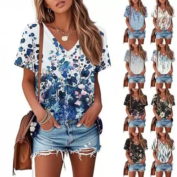 Футболки для женщин, плиссированные, с V-образным вырезом, нарядные, повседневные блузки с принтом, короткие рукава, летние топы, свободный крой L синий
