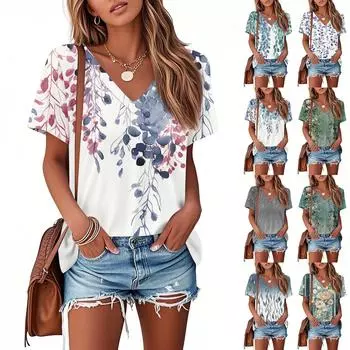 Футболки для женщин, плиссированные, с V-образным вырезом, нарядные, повседневные блузки с принтом, короткие рукава, летние топы, свободный крой L армия зеленый