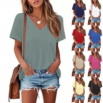 Футболки для женщин, плиссированные, с V-образным вырезом, нарядные, повседневные блузки с принтом, короткие рукава, летние топы, свободный крой L бежевый