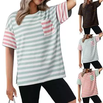 Футболки для женщин Полосатые цветные блоки Свободный крой Круглый вырез Женские топы Футболки Рубашки Футболки больших размеров для женщин L чёрный