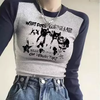 Футболки для женщин, повседневные футболки контрастного цвета, винтажные футболки с длинным рукавом и круглым вырезом, укороченные топы, модные футболки Y2k S чёрный