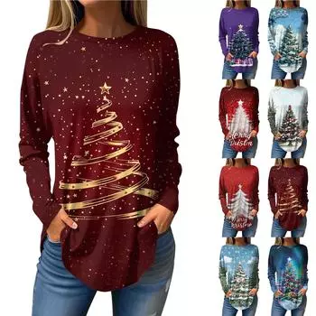 Футболки для женщин, повседневные рубашки с длинным рукавом, толстовка с винтажным графическим рождественским принтом, топ-пуловер XL винный