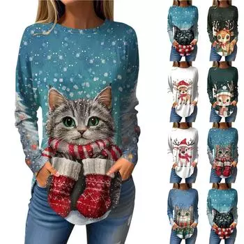 Футболки для женщин, повседневные рубашки с длинным рукавом, толстовка с винтажным графическим рождественским принтом, топ-пуловер L чёрный