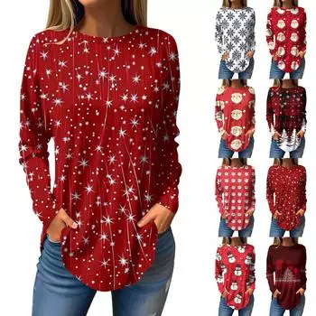 Футболки для женщин, повседневные рубашки с длинным рукавом, толстовка с винтажным графическим рождественским принтом, топ-пуловер XL винный
