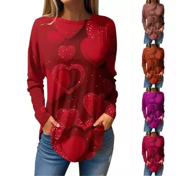 Футболки для женщин, повседневные рубашки с длинным рукавом на осень, толстовка с принтом ко Дню святого Валентина, топ, пуловер XL красный