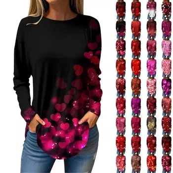 Футболки для женщин, повседневные рубашки с длинным рукавом на осень, толстовка с принтом ко Дню святого Валентина, топ, пуловер XXL