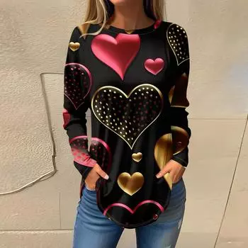 Футболки для женщин Повседневные рубашки с круглым вырезом и длинным рукавом с принтом ко Дню святого Валентина Топ-пуловер L чёрный